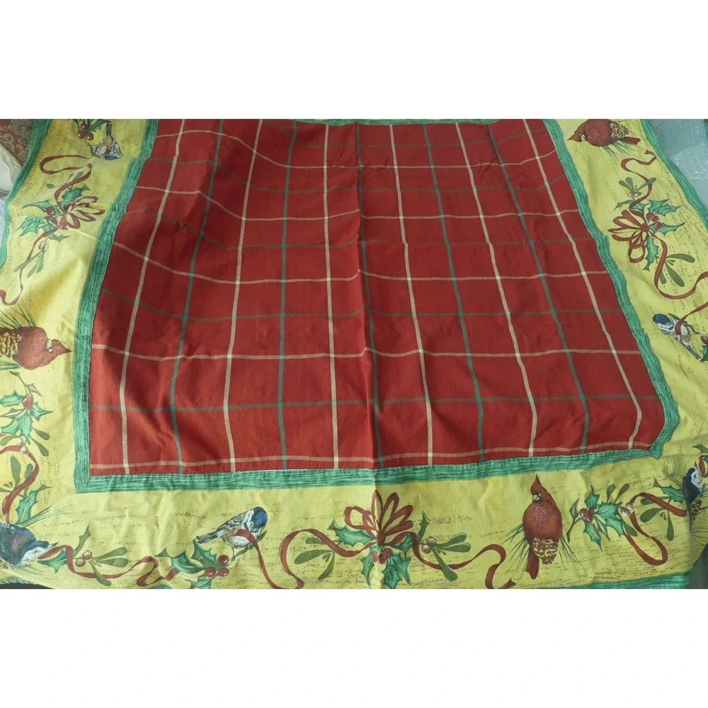 Christmas Cardinal Chickadee Plaid Tablecloth Square Red Yellow Holiday Festive